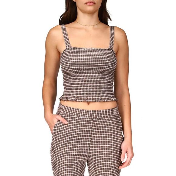 Sanctuary Westside Check Smocked Crop Camisole In Chocolate Gingham - M - Picture 1 of 3